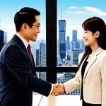A successful Gyoseishoshi (行政書士) in a modern office, confidently shaking hands with a satisfied client. The office background includes law books and a city skyline view. Prompt: "Successful Gyoseishoshi shaking hands with client in modern office, law books, city skyline, professional attire."