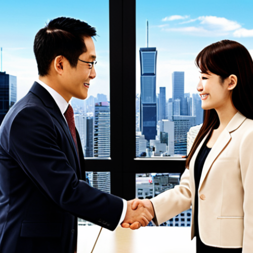 A successful Gyoseishoshi (行政書士) in a modern office, confidently shaking hands with a satisfied client. The office background includes law books and a city skyline view. Prompt: "Successful Gyoseishoshi shaking hands with client in modern office, law books, city skyline, professional attire."