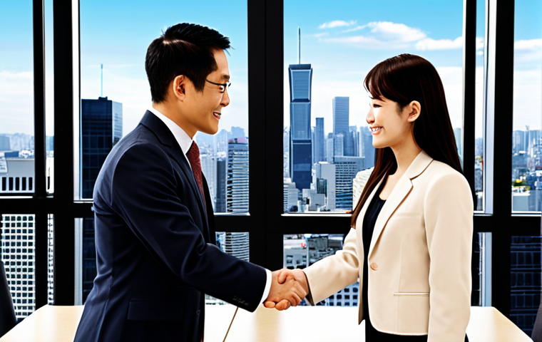 A successful Gyoseishoshi (行政書士) in a modern office, confidently shaking hands with a satisfied client. The office background includes law books and a city skyline view. Prompt: "Successful Gyoseishoshi shaking hands with client in modern office, law books, city skyline, professional attire."