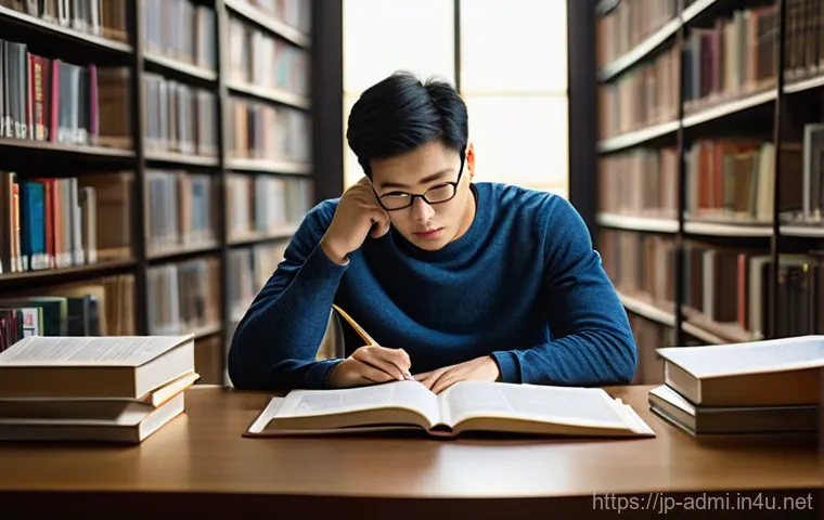 행정사 자격증 필기 중점 과목 분석 - **A dedicated young adult, aged 25-30, studying intensely for the Administrative Scrivener Exam in a...