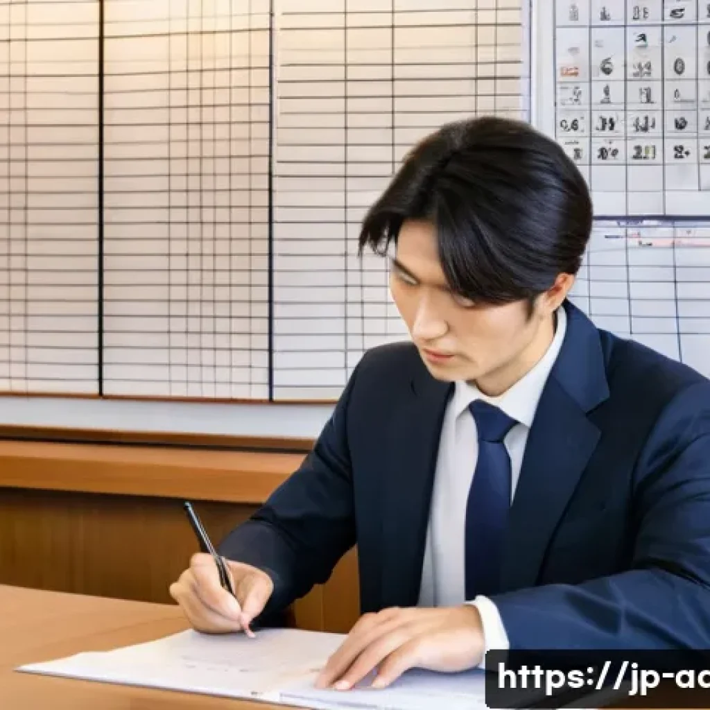 행정사 업무 중 흔히 발생하는 문제 해결 사례 - A modern Japanese administrative office setting, featuring a professional administrative scrivener (...