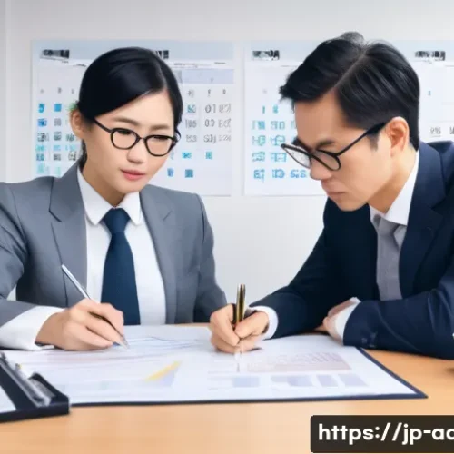 행정사와 세무사의 협업 사례 - A modern Japanese office scene showing a professional administrative scrivener (gyoseishoshi) and a ...
