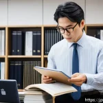 행정사로서 자기 계발을 위한 추천 서적 - A professional Japanese administrative scrivener (gyoseishoshi) in a modern office setting, thoughtf...