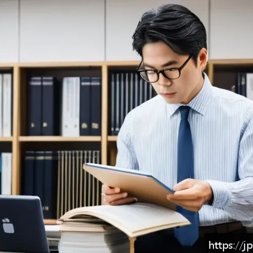 행정사로서 자기 계발을 위한 추천 서적 - A professional Japanese administrative scrivener (gyoseishoshi) in a modern office setting, thoughtf...