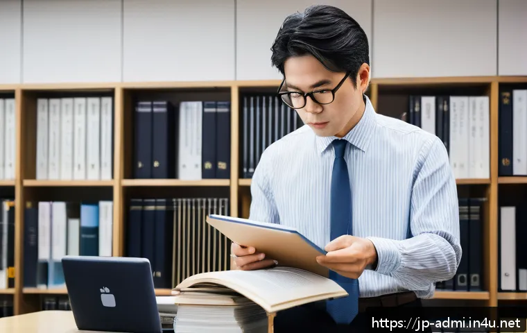 행정사로서 자기 계발을 위한 추천 서적 - A professional Japanese administrative scrivener (gyoseishoshi) in a modern office setting, thoughtf...
